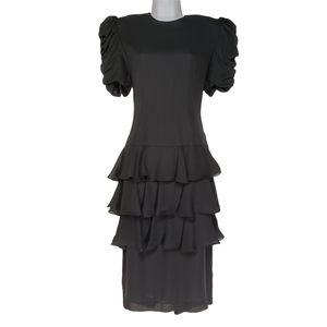 VTG 80s SAMANTHA BLACK Ruffle Chiffon Ruched Sleeve Tiered Midi Dress 8 Medium